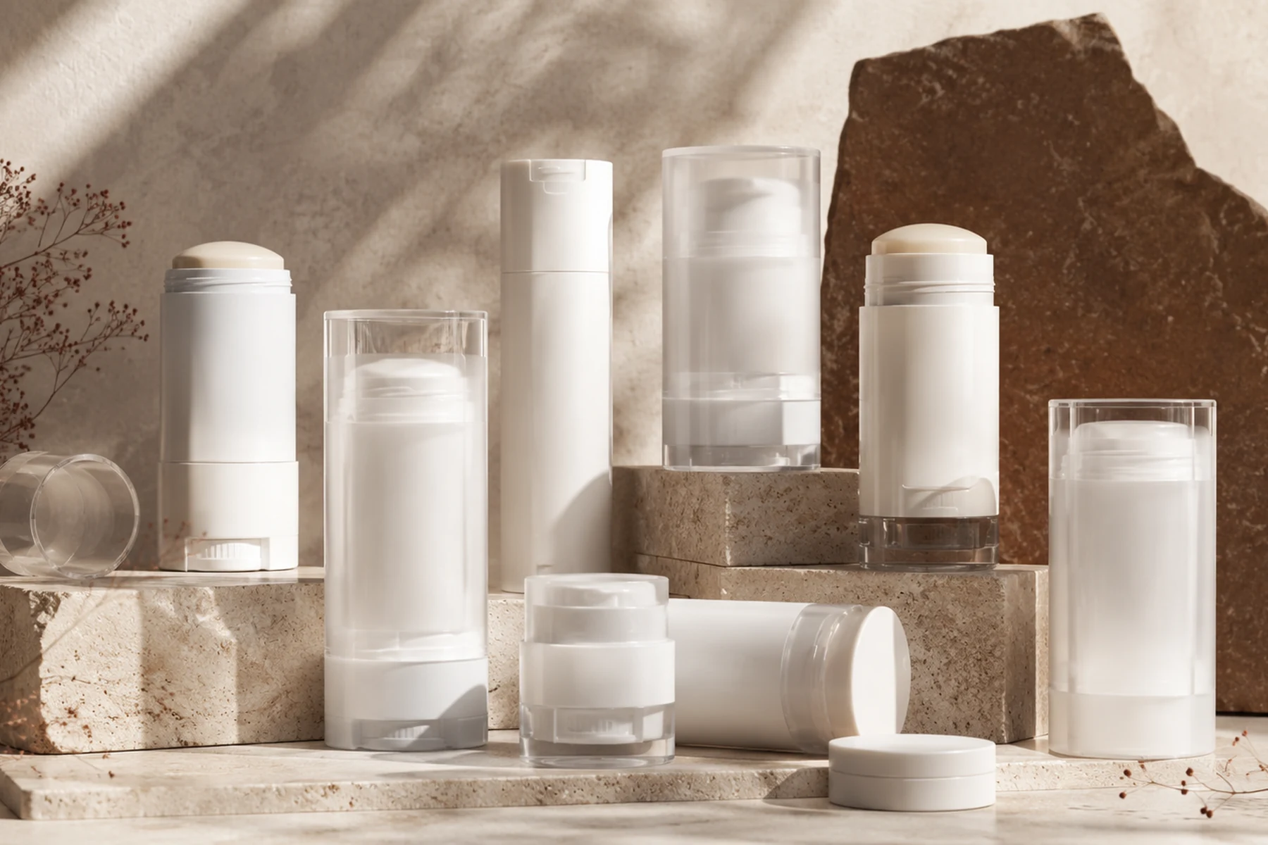 Cosmetic packaging formats arranged on warm natural stone