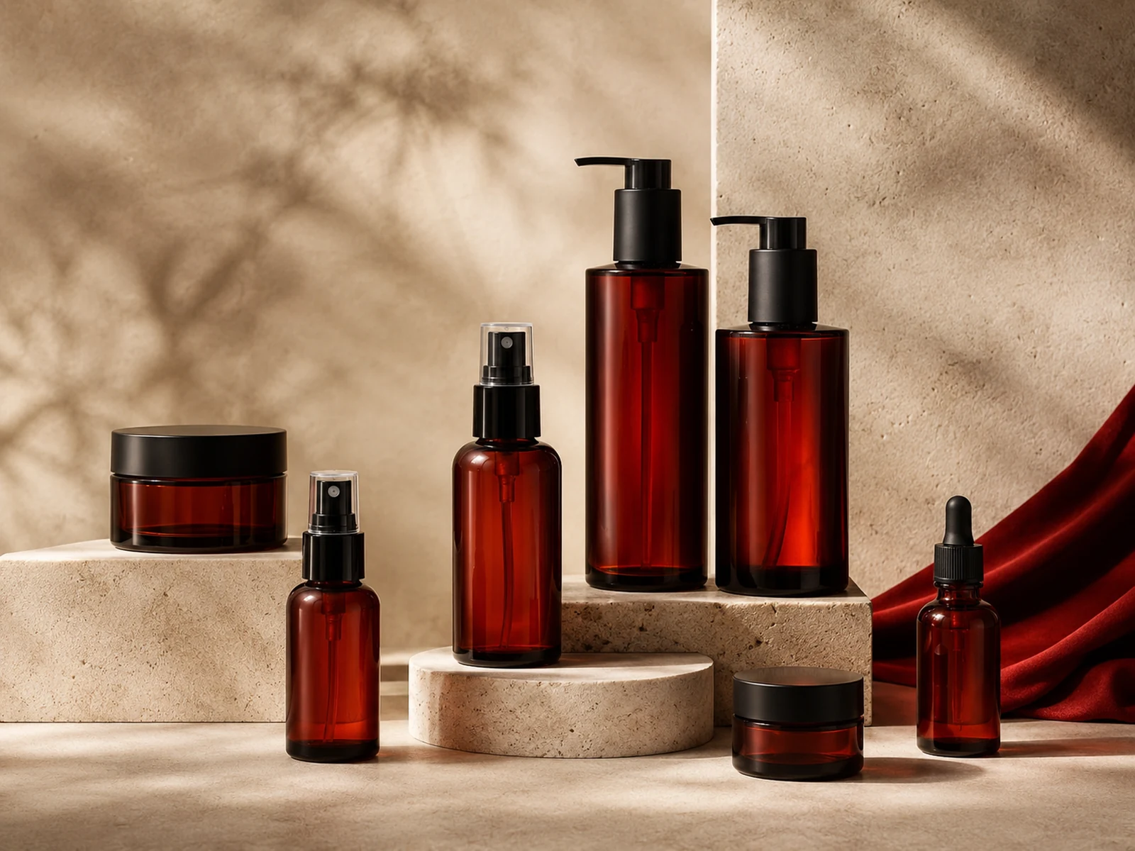 Amber cosmetic packaging formats arranged on natural stone